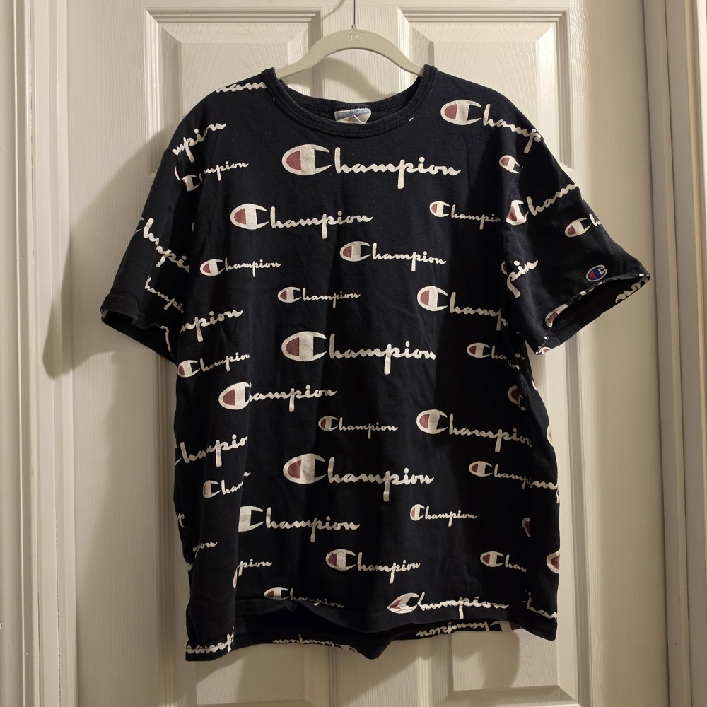 Vintage Champion Shirt Men's Large Logo All Over Print Black And White
